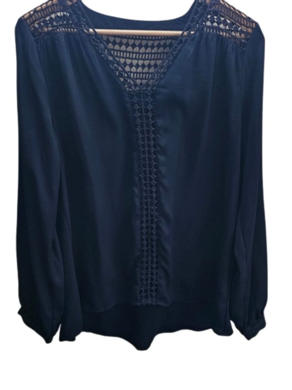 White House Black Market Navy Crochet-Detail Long Sleeve Blouse